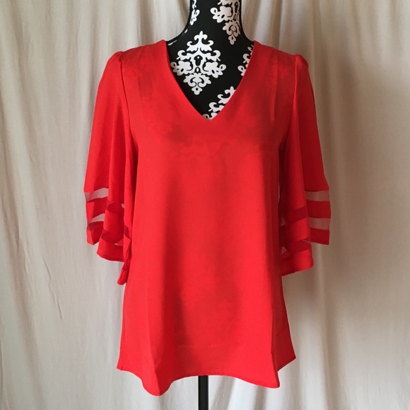Red Bell Sleeve Tunic Swing Blouse Contrast Mesh Panels on Sleeves, NWOT, Small - Picture 10 of 15